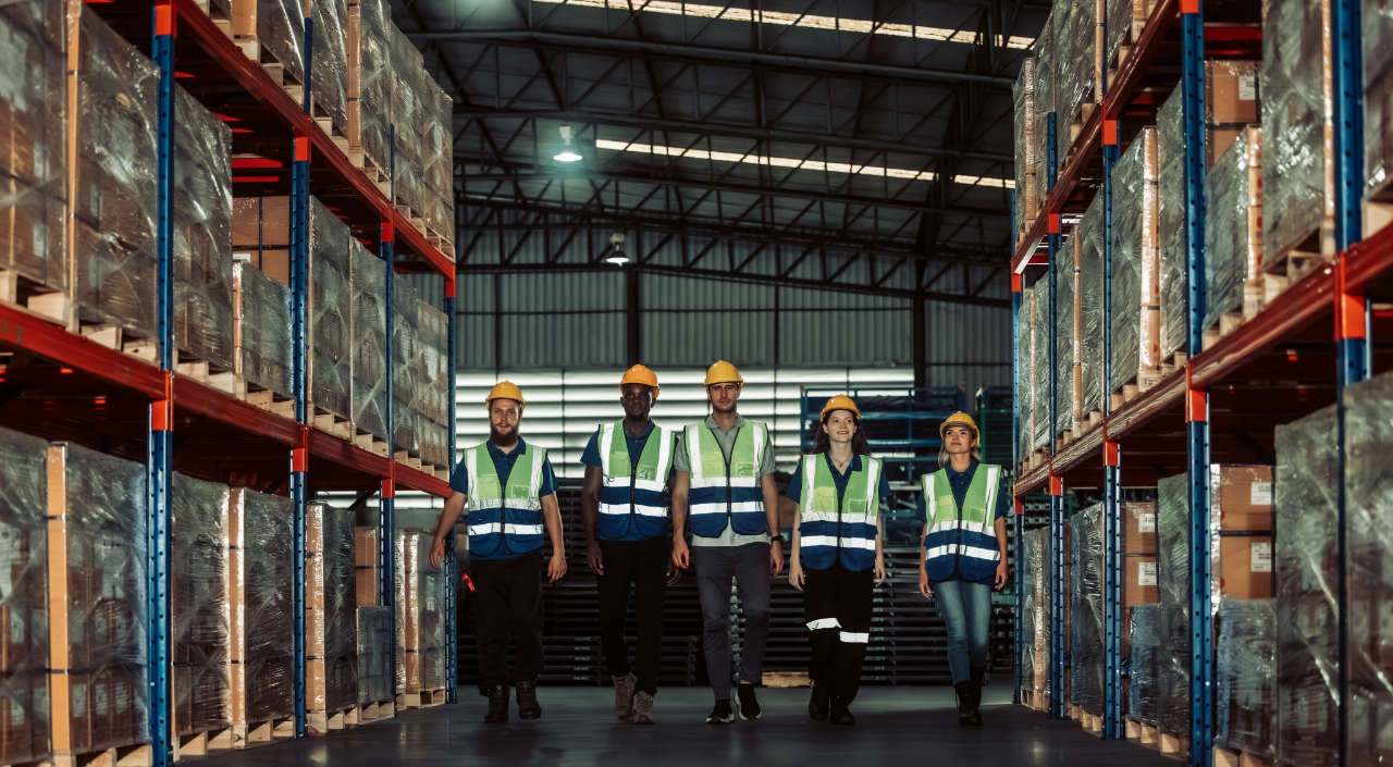 Multicultural warehouse staff creates logistical atmosphere that
