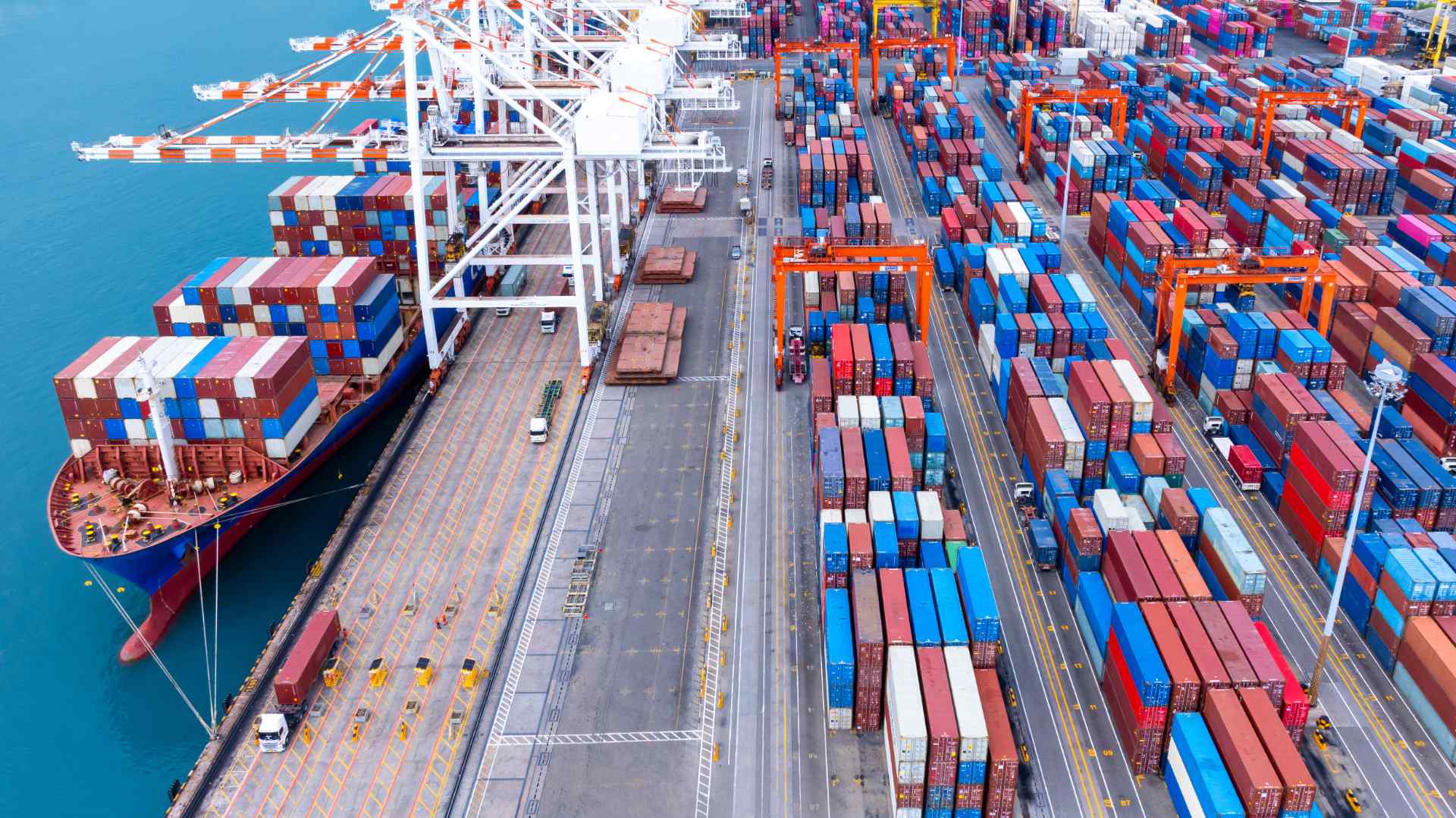 Container cargo ship at international industrial port, Global bu